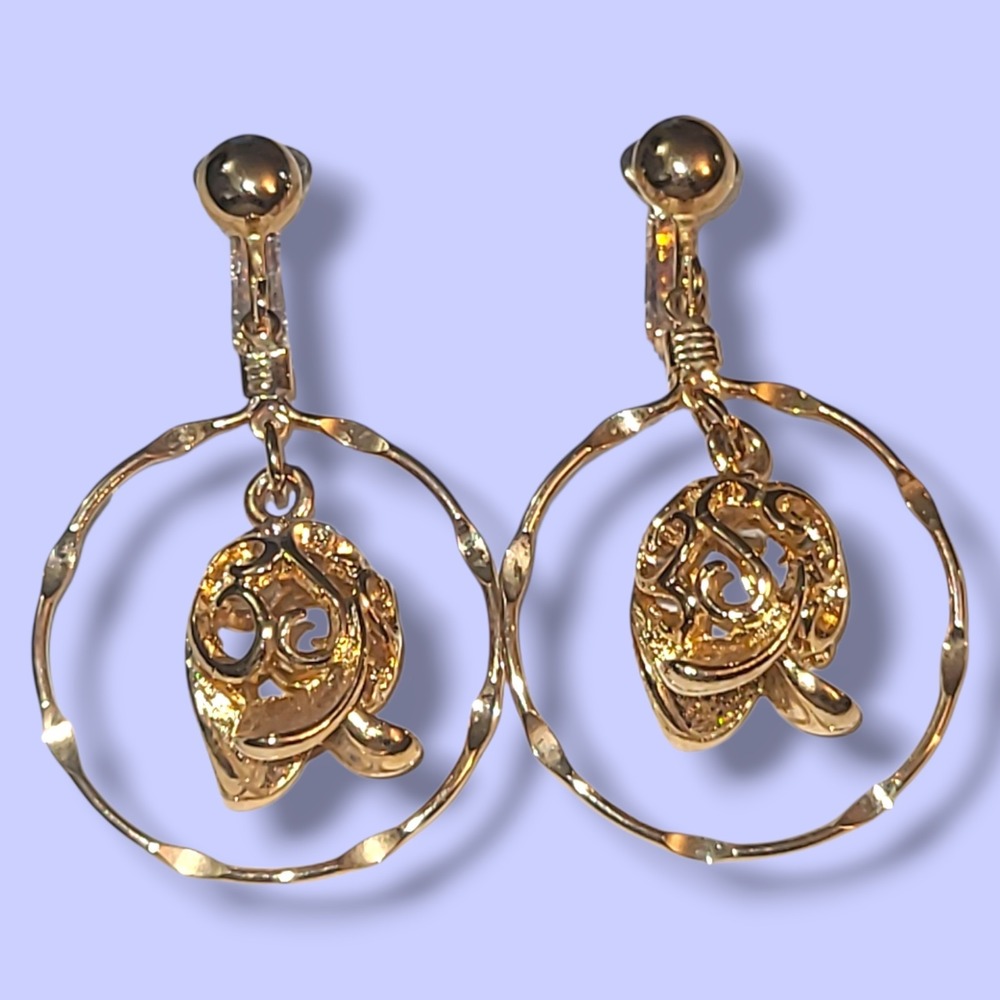 Vintage Sarah Coventry Golden Tulip Gold Tone Clip On Dangle Hoop Earrings